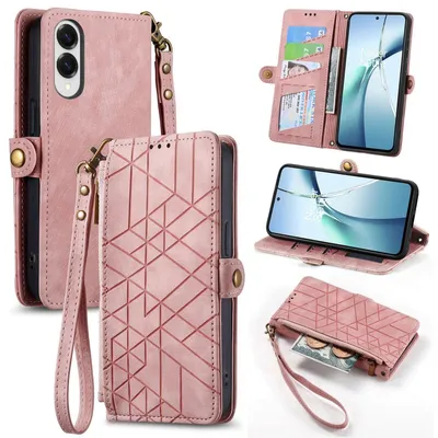 Produktbild von Für Samsung Galaxy S25 Edge 5G Geometric Design Kunstleder Zipper Book Wallet Tasche mit Schlaufe Rosa