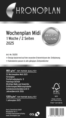 Produktbild von Chronoplan 50255 Kalendereinlage 2025 (Wochenplan Midi (96x172mm), Ersatzkalenda