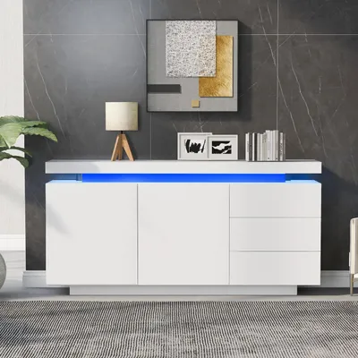 Obrázek produktu pro Komoda bílá, lesklá, s LED osvětlením, 3 zásuvky, 2 dvířka, rozměry 140x35x72,5 cm