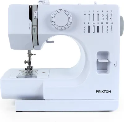 A white PRIXTON sewing machine is shown from a front-side angle against a white background.