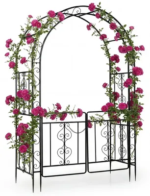 Immagine prodotto di Arco per rose in metallo KOMFOTTEU, arco da giardino con ancoraggi a terra e porte chiudibili, struttura a griglia per piante rampicanti, arco per piante e rose, dimensioni 135 x 60 x 213 cm, colore nero