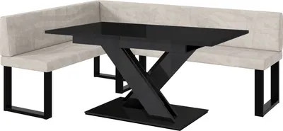 Produktbild von MEBLINI Eckbank für Esszimmer mit ausziehbarem Tisch  - Küchenbank - Essecke - Sitzecke Küche - TONI - U-Beine 142x196x87cm Links - Beige Samt/B Schwarz Hochgl.