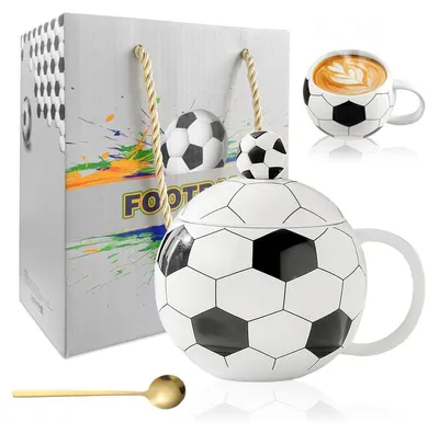 Productafbeelding van Voetbalbeker van 400 ml, keramiek, met deksel en lepel, voor voetballiefhebbers