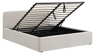 Zdjęcie produktu dla Łóżko z pojemnikiem 140x190 cm i wezgłowiem z beżowej tkaniny w melanż - LIOR