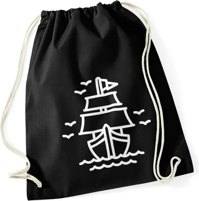 Produktbild von Turnbeutel Schiffchen Schiff Segelschiff Hipster Beutel Tasche Jutebeutel Gymsac Autiga® schwarz unisize
