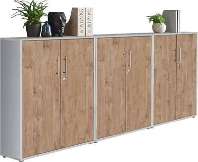 Produktbild von Aktenschrank TABOR 99 in lichtgrau / Gold Harbor Oak, Schrankwand, Büroschrank, abschließbar, Metallgriffe