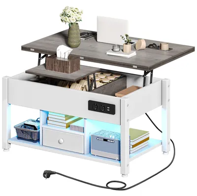 Productafbeelding van DWVO 4-in-1 verstelbare salontafel met LED-verlichting, stopcontact, wit en grijs