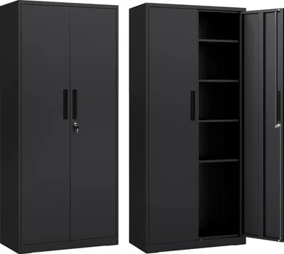 Image de COSTWAY Armoire à dossiers verrouillable, 180 cm armoire métallique avec double porte & 4 étagères réglables, armoire de bureau en acier, armoire polyvalente noire