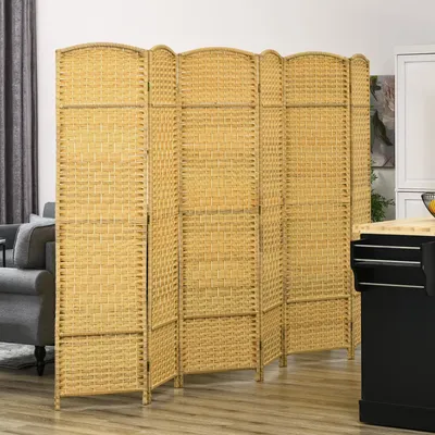 Produktbild von SUGIFT Raumteiler 6-teilig, Paravent faltbar, Kiefernholz Polypropylen Geflecht, Naturholz | 270 x 180 cm | 9 Scharniere