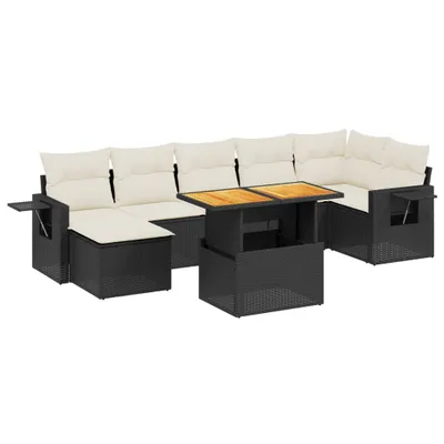 Produktbild von 8-tlg. Gartenmöbel-Set, modulare Sofagarnitur mit verstellbarem Tisch, Poly Rattan Schwarz, Kissen Cremeweiß, UV-beständig
