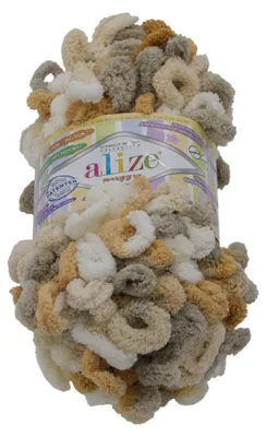 A ball of textured yarn with loops, in various shades of beige, white, and gray.