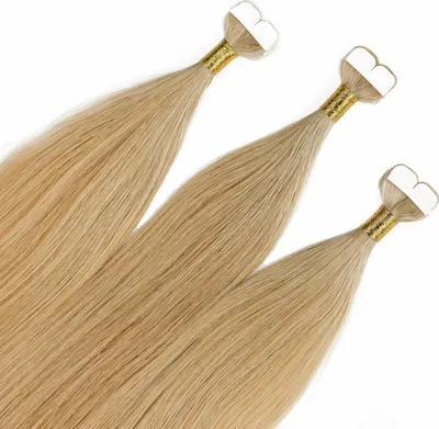 Produktbild von hair2heart Premium Mini Tape Extensions Echthaar - 12 Tapes 40cm Lichtblond Gold Asch