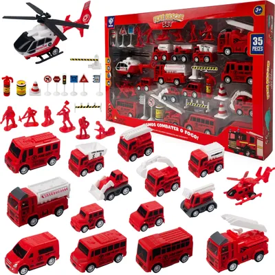 Immagine prodotto di Set pompieri 35 pezzi con macchinine a retrocarica – camion dei vigili del fuoco giocattolo, personaggi, segnali stradali e accessori, dai 3 anni