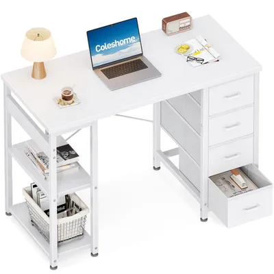 Imagen del producto de Mesa de escritorio con 4 cajones y estantes ajustables, color blanco