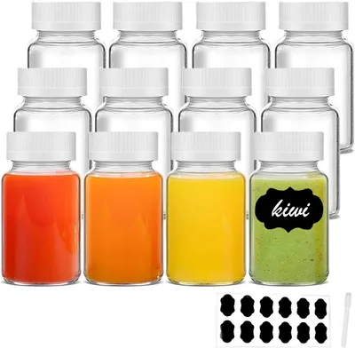 Produktbild von Mini Shotflaschen Glas 60 ml, 12 Stück, mit Deckel und Etiketten, für Gembershots