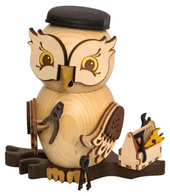 Produktbild von Drechslerei Kuhnert - Räucherfigur Eule als Handwerker - Größe ca. 15cm, für Räucherkerzen Größe M (Standard) - 37218
