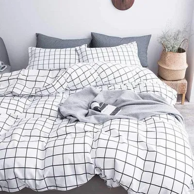 Produktbild von Famanu Bettwäsche Set 135 x 200 cm + 1 Kissenbezug 80 x 80 cm - Weiß kariert