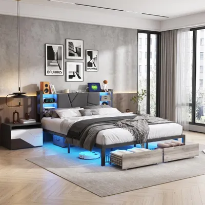 Produktbild von INONEFT Doppelbett 140x200 cm mit Lattenrost, Metallbett mit LED-Beleuchtung und USB, Jugendbett Bettgestell mit Gepolstertes Kopfteil, Schwarz