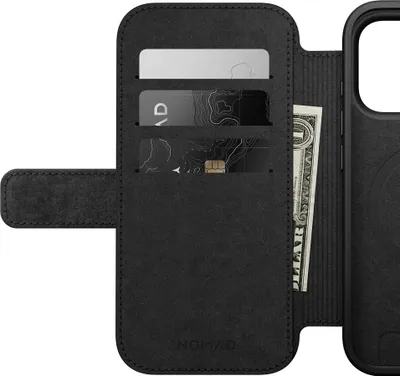 Image de Nomad Modern Cuir Folio iPhone 17 Pro – Boutons en Aluminium Recyclé – Bouton de Contrôle de la Caméra – Cuir Durable avec Patine Naturelle - Marron
