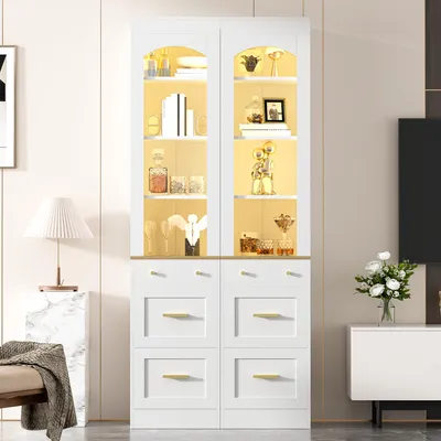 Produktbild von MODFU Hochschrank Vitrine mit LED, 3 Schubladen & verstellbaren Einlegeböden, Vitrinenschrank mit offenen Fächern, Stauraumschrank, Weiß, 40x35x180,5 cm