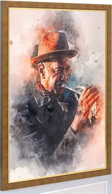 A watercolor-style painting of a man playing a trumpet, framed.