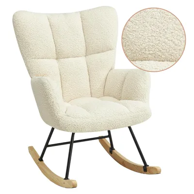 A cream-colored teddy fabric rocking chair with black metal legs and wooden rockers, shown against a white background.