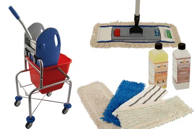 Produktbild von Axis Line Wischmop Komplettset mit Einfachfahrwagen extra hoch 17 Liter und Ersatzmöppe und 2 x Profi Reinigungsmittel 50 cm breit