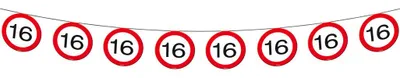 Produktbild von Wimpelkette zum 16. Geburtstag Verkehrsschild-Design schwarz/rot/weiß 12 m lang 15 Wimpel 20 cm Pappe