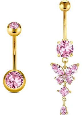 Zdjęcie produktu dla Piercing do pępka, chirurgiczna stal, motyl, banan, 14 mm, złoty + różowy