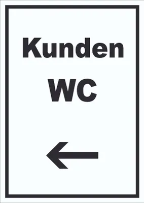 Produktbild von Kunden WC Schild mit Text und Richtungspfeil links Toilette hochkant A2 Rückseite selbstklebend