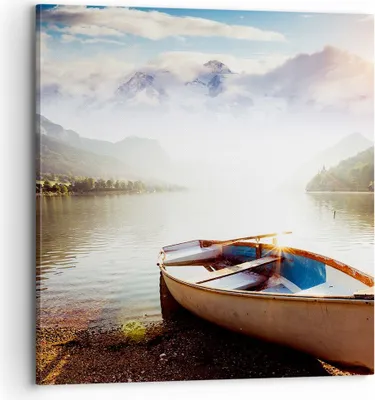Produktbild von Bild auf Leinwand - Leinwandbild - Berge See Boot - 70x70cm - Wand Bild - Wanddeko - Wandbilder - Leinwanddruck - Bilder - Kunstdruck - Wanddekoration - Leinwand bilder - Wandkunst - AC70x70-3927