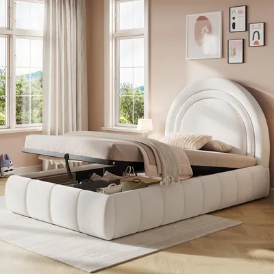 Produktbild von Merax Polsterbett Kinderbett 90x200cm, Einzelbett mit hydraulisches Stauraum, Funktionsbett mit Lattenrost, gepolstertem Kopfteil, bouclé, Beige