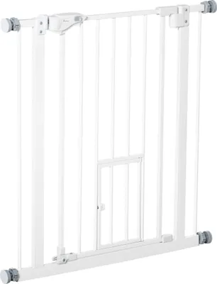Produktbild von PawHut Sicherheits-Hundebarriere, ausziehbare Haustierbarriere mit kleiner Tür, automatischem Schließen und doppeltem Verriegelungssystem für Tür, Flur, Treppe, 74–80 x 76,2 cm, Weiß