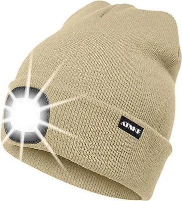 Produktbild von Ultiluxe Mütze mit LED Beleuchtung - Beige Beanie - USB aufladbar - 4 helle LED Lampen - 3 Helligkeitsstufen - Uni - Wasserdicht