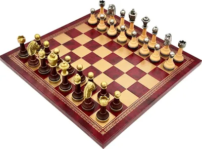Produktbild von Italienisches Schachbrett Leder Gold/Burgund 33 + Klassische Metall/Holz Schachfiguren