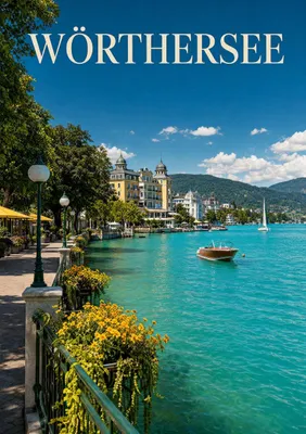 Produktbild von Wörthersee Poster DIN A2 – fotoreal wirkendes Seemotiv mit Alpenpanorama, matt auf Ilford Papier gedruckt