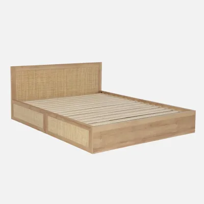 Produktbild von sweeek - Bett mit Lattenrost und Kopfteil 160 x 200 cm + 4 Schubladen Holzdekor und Rattan - Natur