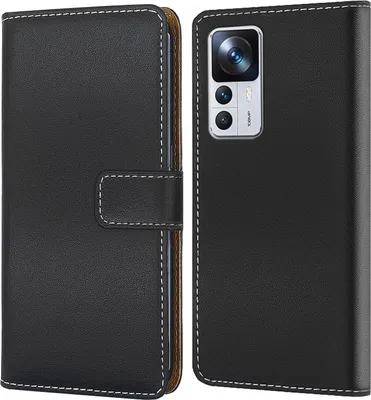 A black flip-style phone case is shown, open to reveal the inside and closed to show the exterior.