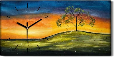 Produktbild von Wandbild Leinwand Bilder mit Uhr 60x30 Gemälde Wiese Himmel Sonnenuntergang - schwarze Hände