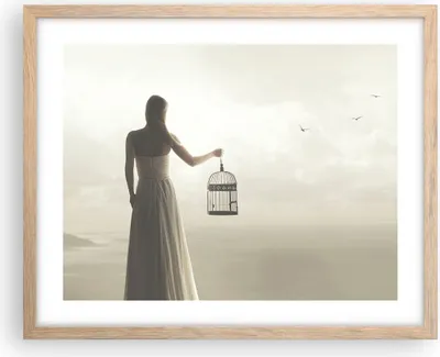 Produktbild von Gerahmtes Poster - Rahmen in heller Eiche - Frau Käfig Vogel - 50x40 cm - Wand Bild - Wanddeko - Wandbilder - Kunstposter - Wandposter - Bilderrahmen - Bilder - Kunstdruck - P2NAA50x40-4787