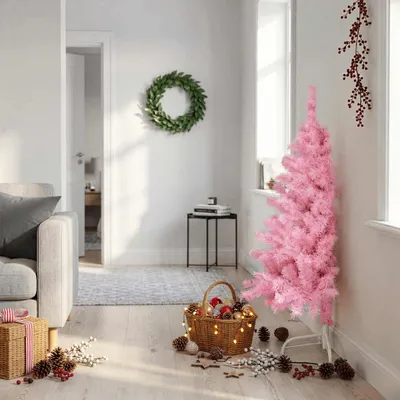 Zdjęcie produktu dla vidaXL Sztuczna pół choinka ze stojakiem Różowa 120 cm PVC