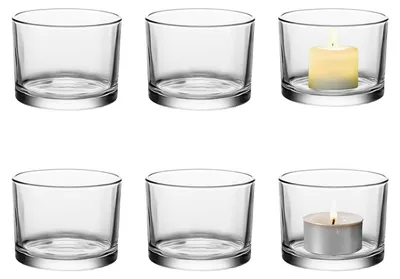 Immagine prodotto di Portacandele in vetro, set di 6 pezzi, diametro 7,5 cm, trasparenti, ideali per candele votive, decorazioni per la tavola, matrimoni, Natale