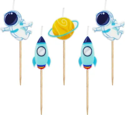 Produktbild von Deko-Pickerkerzen im Kosmos-Design, 5 Stück, zur Dekoration von Torte und Muffins