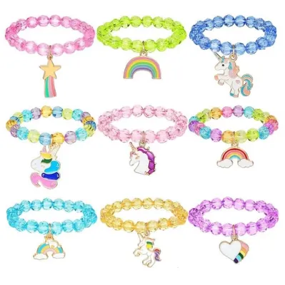 Produktbild von 9 Stück Armband Kinder Mädchen Bunte Perlen Freundschaftsarmband Einhorn Meerjungfrau Krone Regenbogen Kinderschmuck Mitgebsel Kindergeburtstag Geschenk für Mädchen