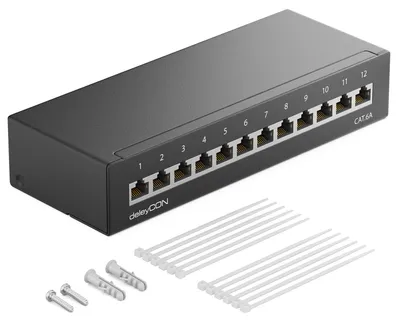 Produktbild von deleyCON CAT 6a Patchpanel Verteilerfeld 12 Port 1 HE RJ45 - Schwarz – Schwarz (RAL 9005 Tiefschwarz)