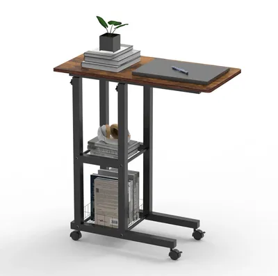 Produktbild von C-förmiger Beistelltisch - Sofatisch mit Rollen - Holz - Mit Stoffaufbewahrung - Für kleine Räume und Schlafzimmer - Braun
