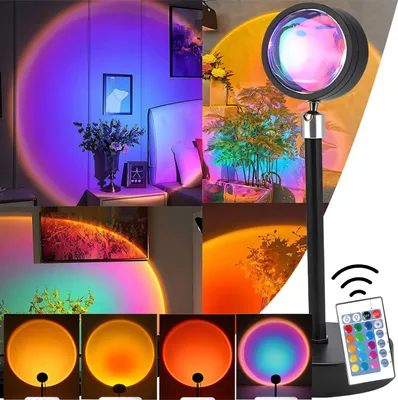 A collage of images showcasing a sunset lamp in various settings and color projections, along with a remote control.