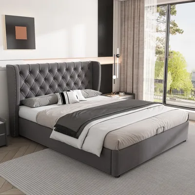 Produktbild von okwish Polsterbett 140x200 cm, hydraulisches Bett mit Bettkasten, Lattenrost, Vliesbasis – Samt, großes Bett mit Knopfnaht, Doppelbett – grau