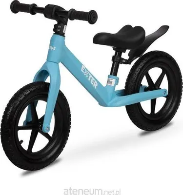A light blue balance bike with black wheels and seat is shown against a white background.