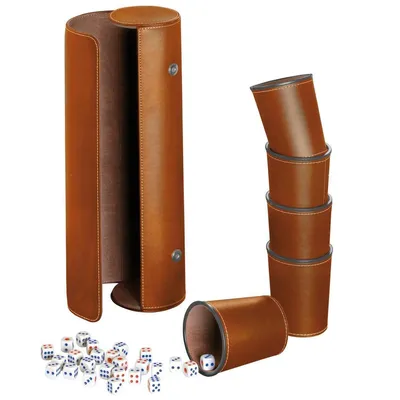 Produktbild von Würfelbecher 5er Set braun mit Hülle und 25 Würfeln